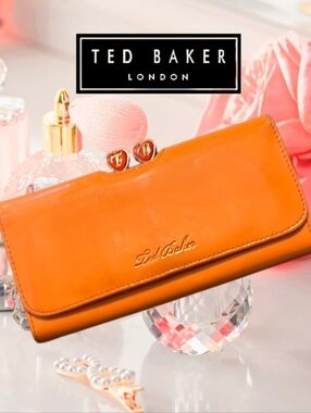 Ted Baker London Matinee Patent Leather Vibrant Orange Kiss Lock Clutch Wallet